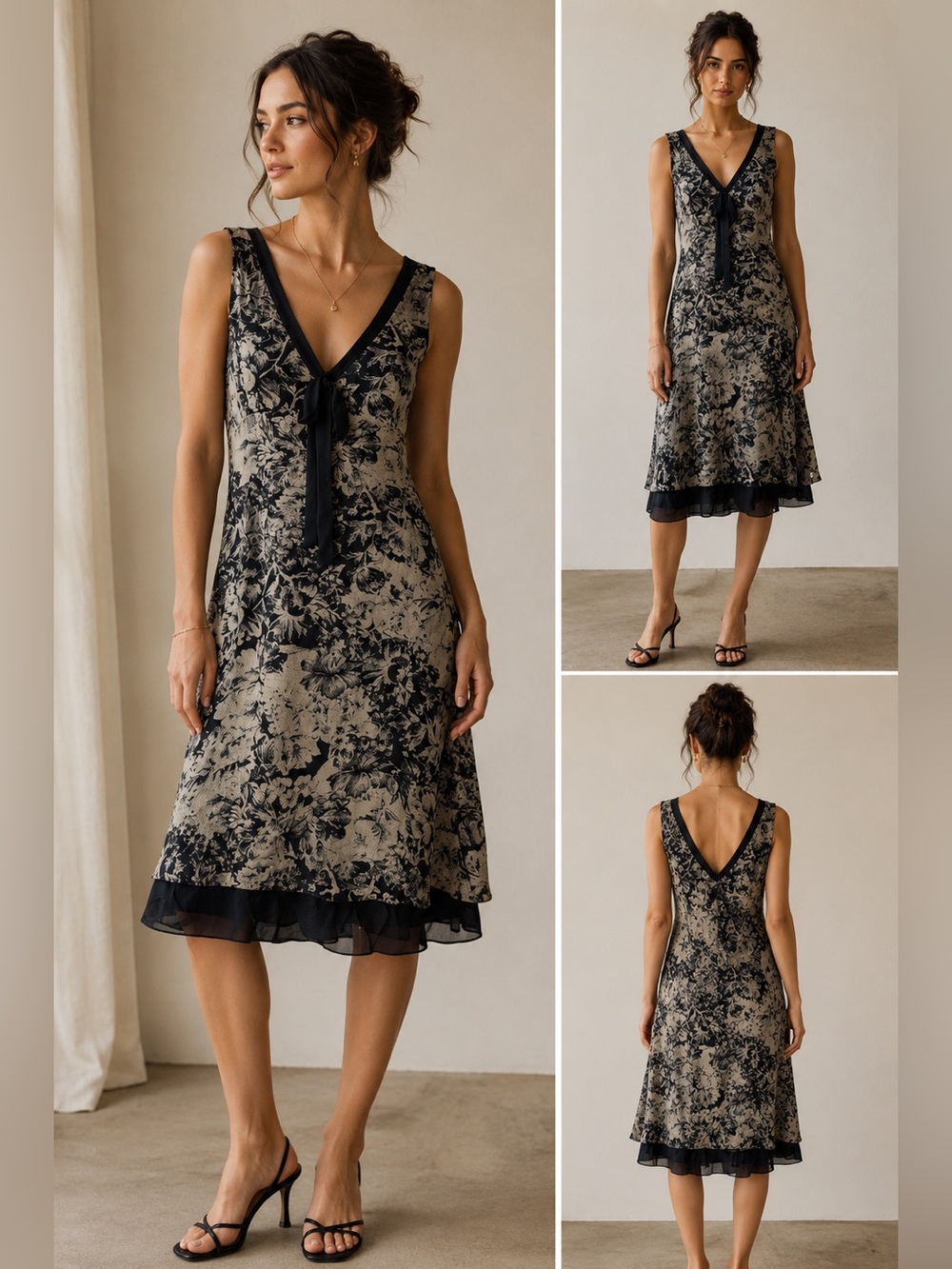 Vintage Size 8, 100% Silk Floral Chiffon Midi Dress Black Tan Fairy Whimsigoth